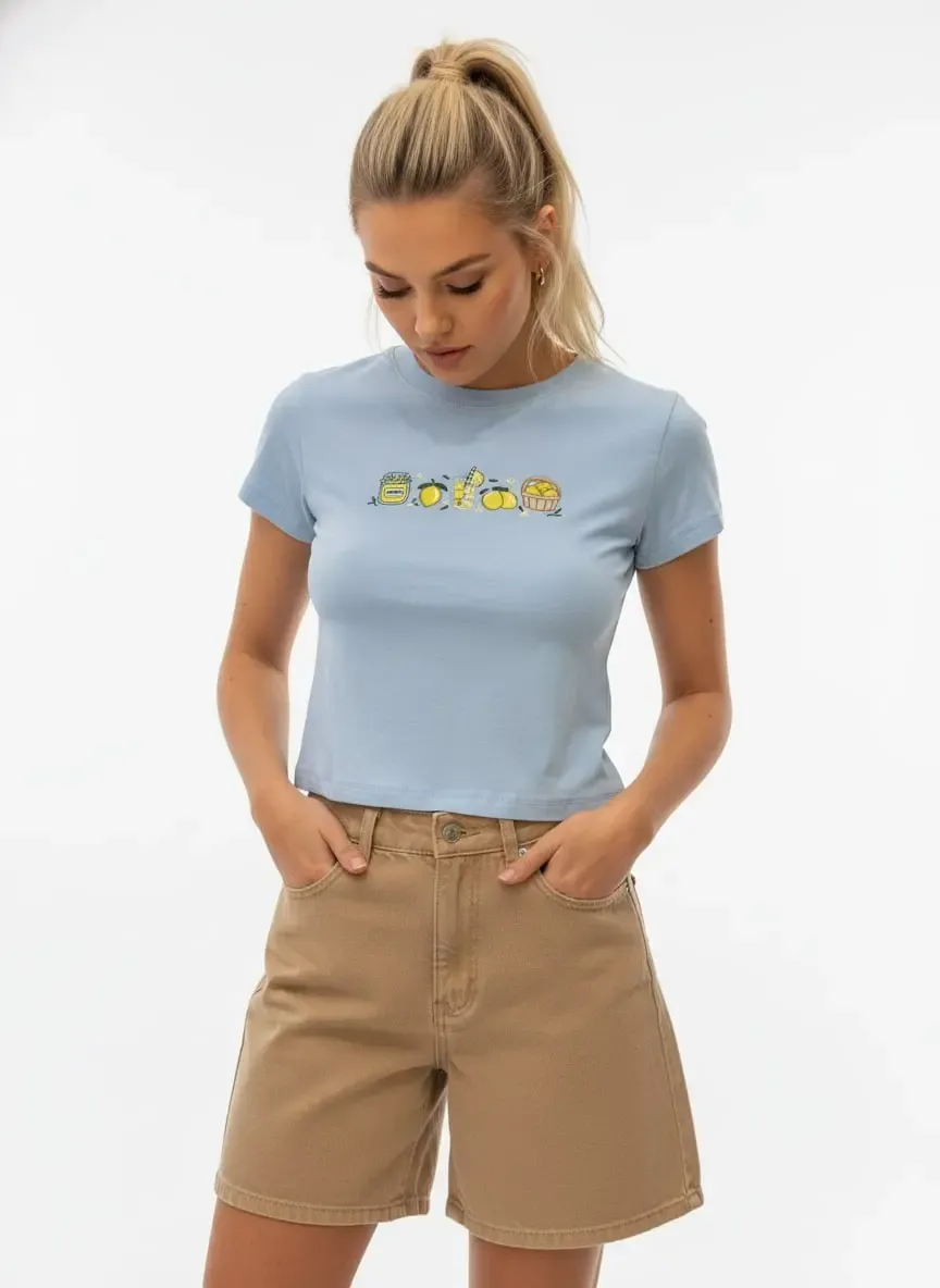 26025 %100 Pamuk Desenli Crop Boy Bisiklet Yaka Örme Bluz