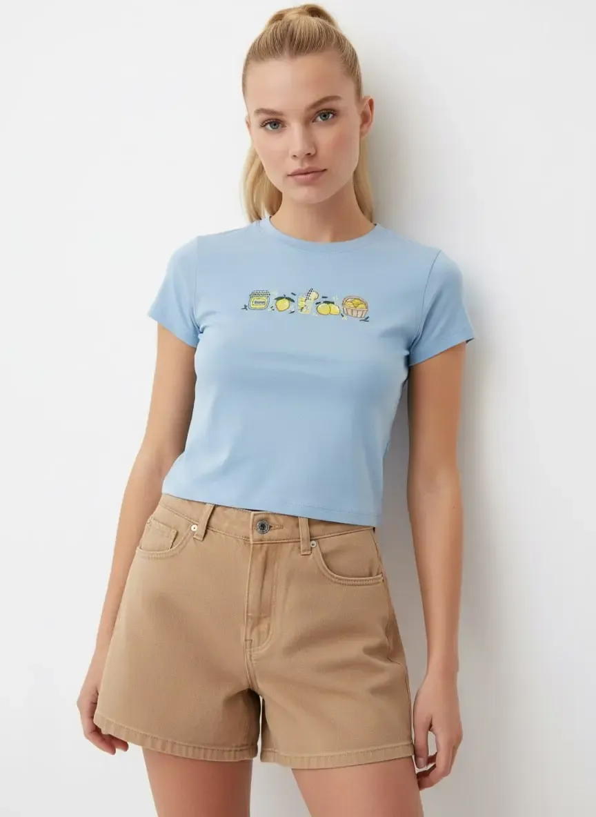 26025 %100 Pamuk Desenli Crop Boy Bisiklet Yaka Örme Bluz