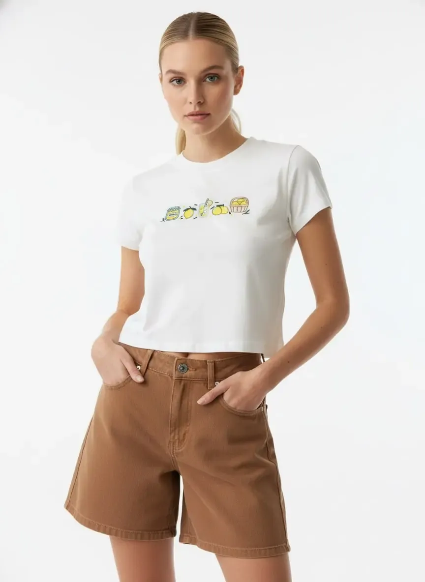 26025 %100 Pamuk Desenli Crop Boy Bisiklet Yaka Örme Bluz