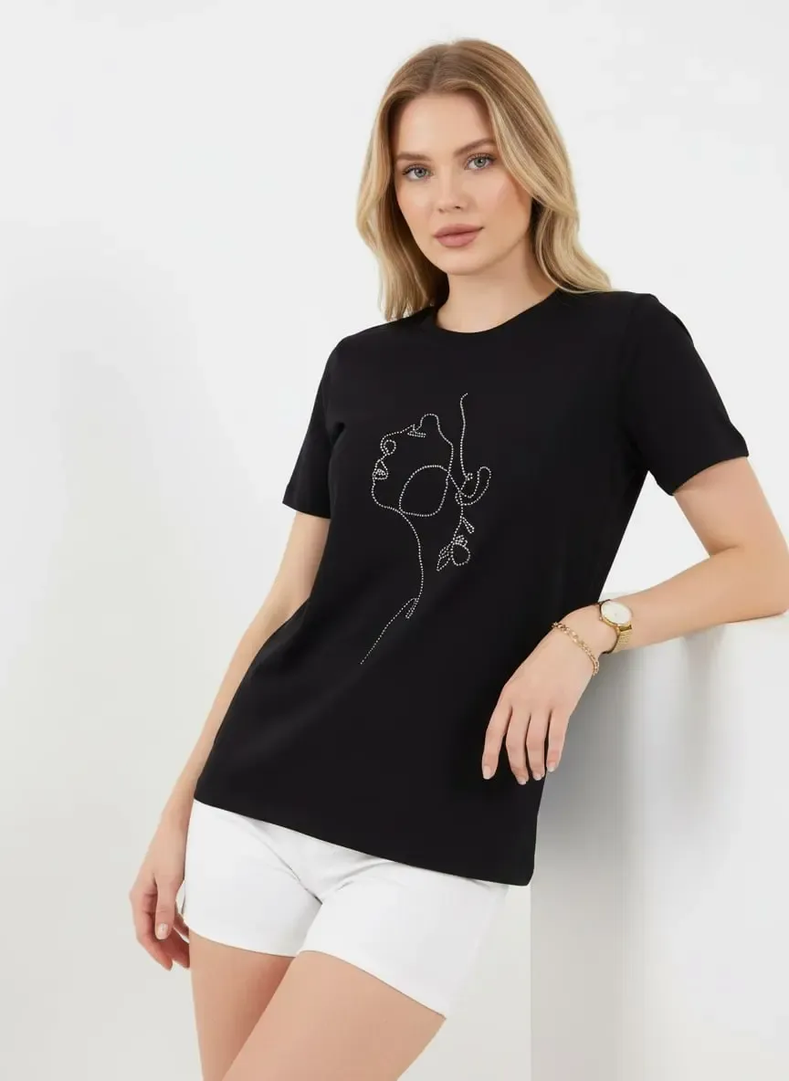 26026 %100 Pamuk Bisiklet Yaka İşleme Detay Penye Bluz