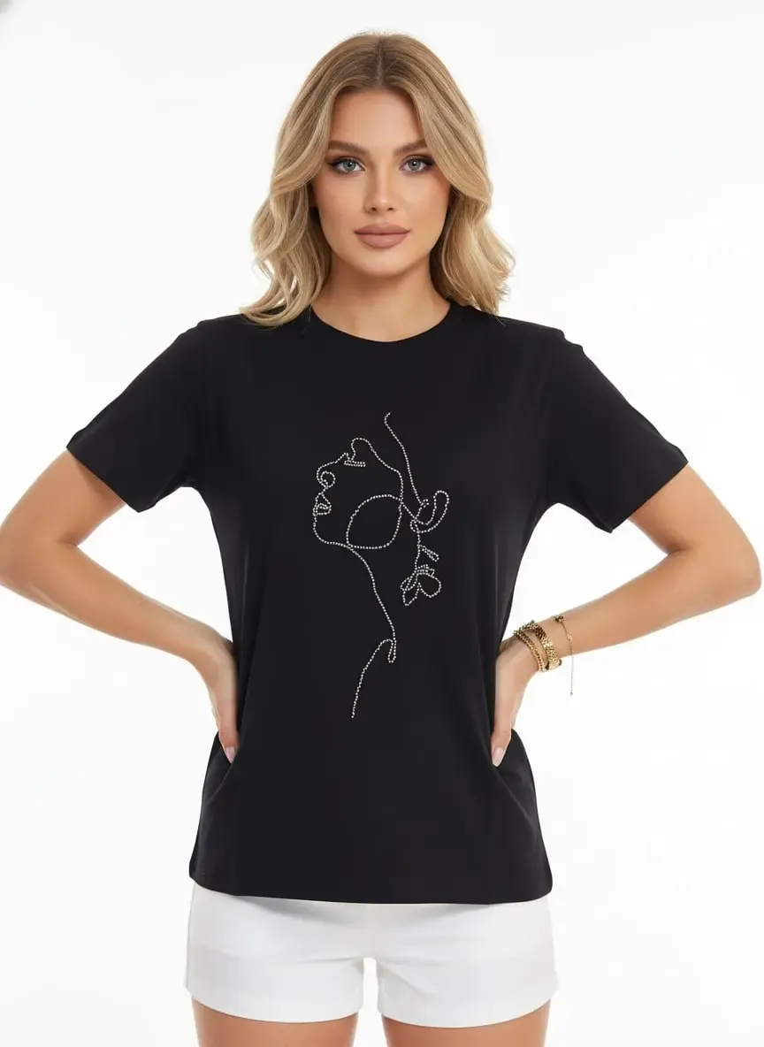 26026 %100 Pamuk Bisiklet Yaka İşleme Detay Penye Bluz