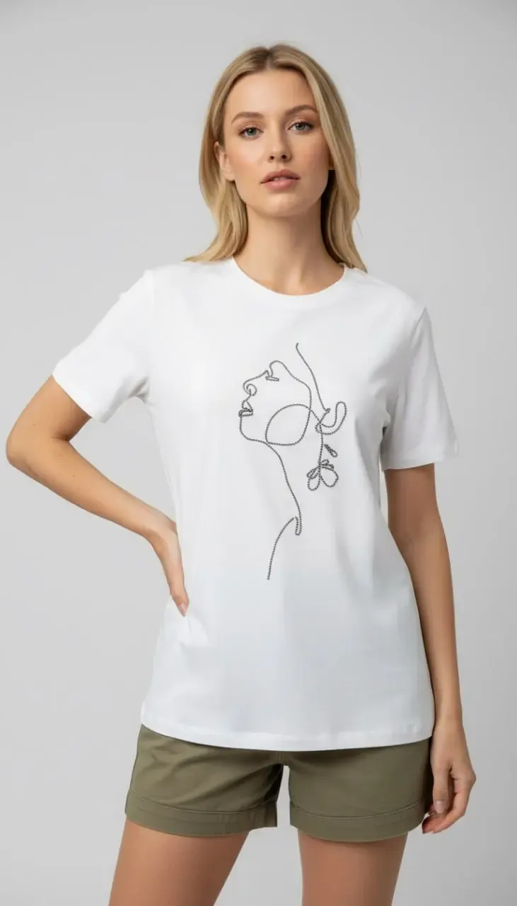 26026 %100 Pamuk Bisiklet Yaka İşleme Detay Penye Bluz