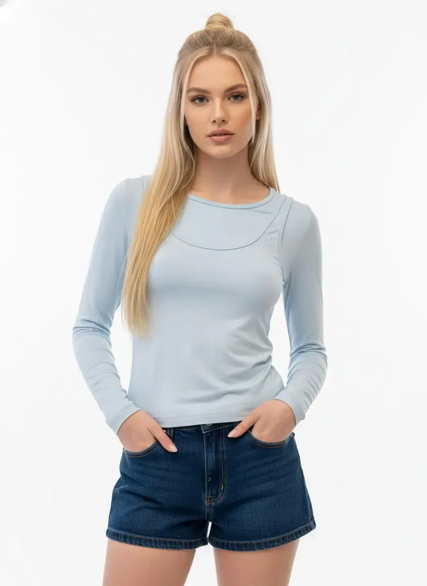 26031 Kadın Geniş Yaka Slim Fit Tasrım Modal Penye Bluz