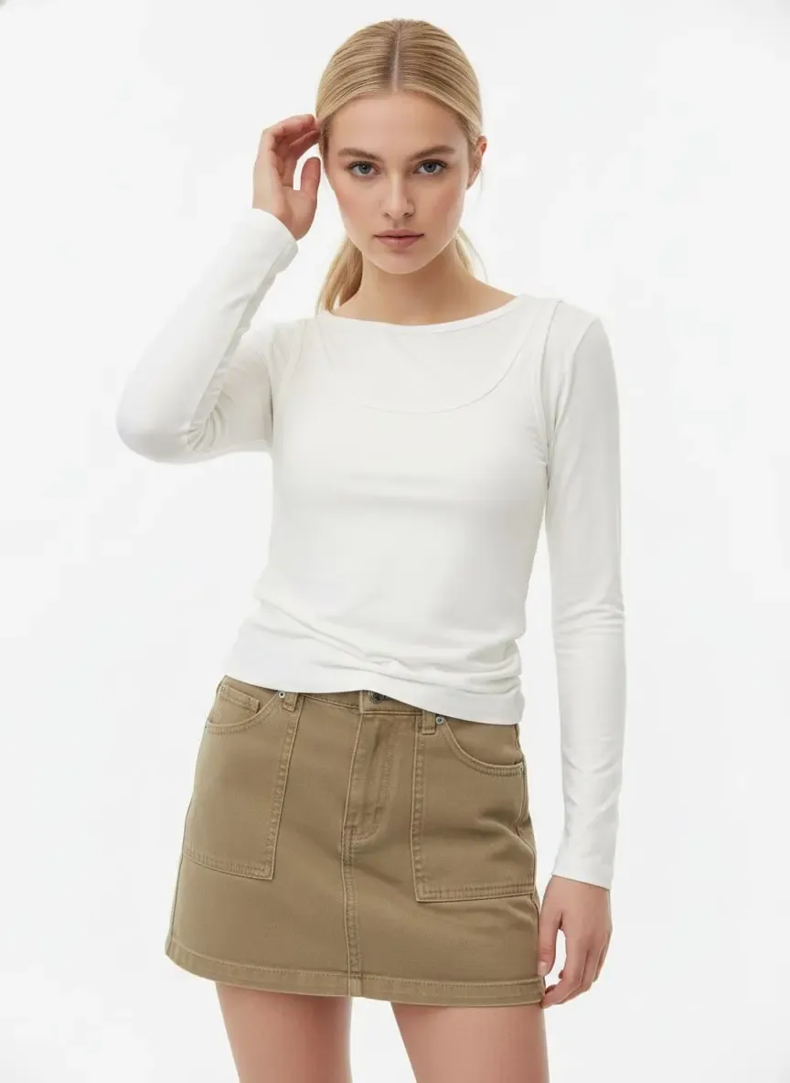 26031 Kadın Geniş Yaka Slim Fit Tasrım Modal Penye Bluz