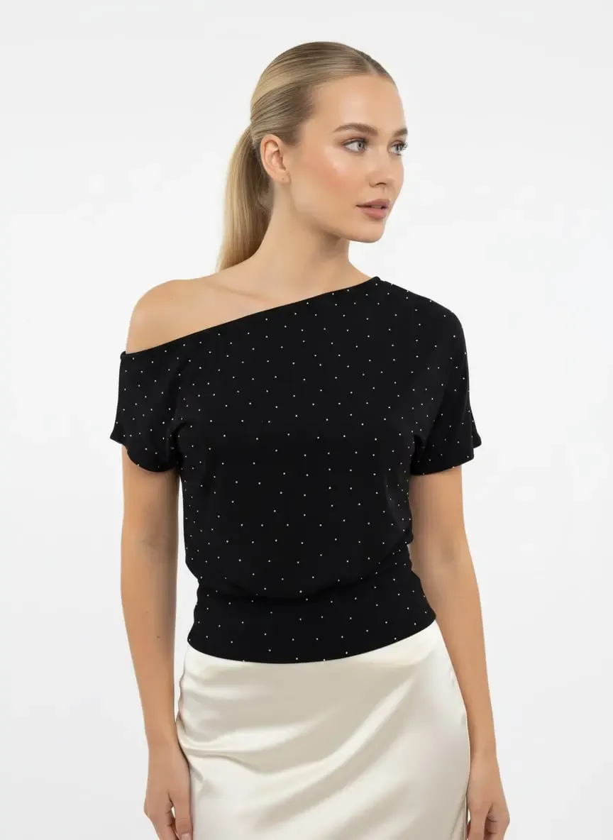 26034 Kadın Kayık Yaka Asimetrik Kol Taş Yapıştırma Modal Penye Bluz