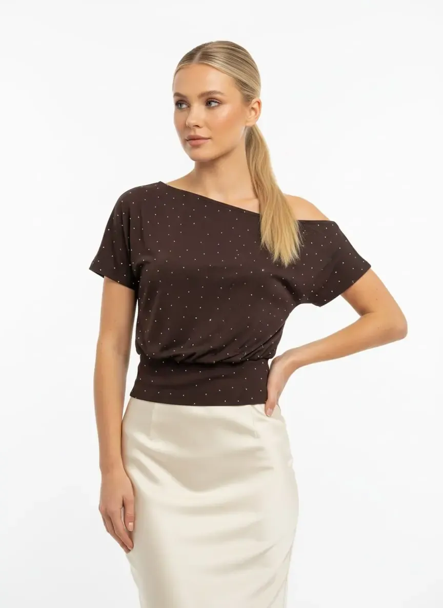 26034 Kadın Kayık Yaka Asimetrik Kol Taş Yapıştırma Modal Penye Bluz