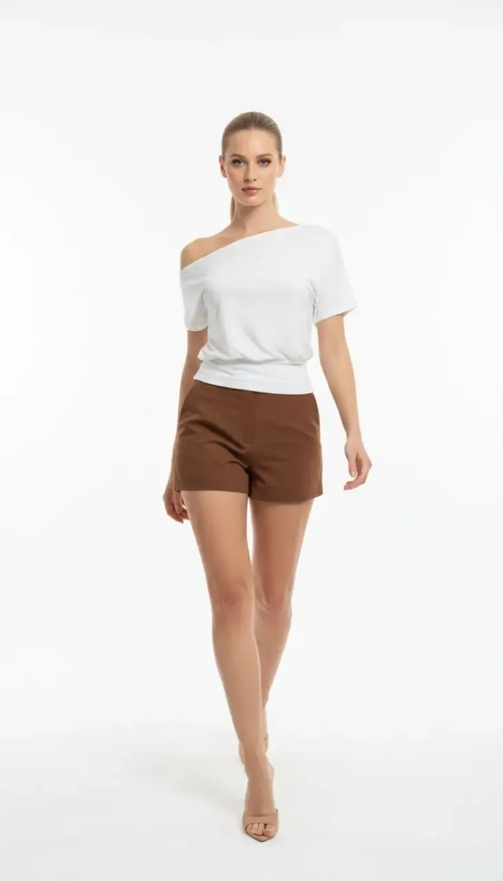 26034 Kadın Kayık Yaka Asimetrik Kol Taş Yapıştırma Modal Penye Bluz