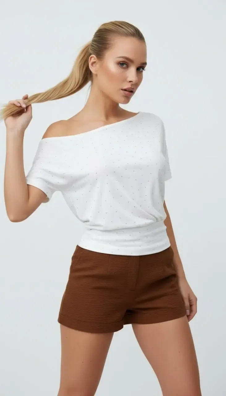 26034 Kadın Kayık Yaka Asimetrik Kol Taş Yapıştırma Modal Penye Bluz