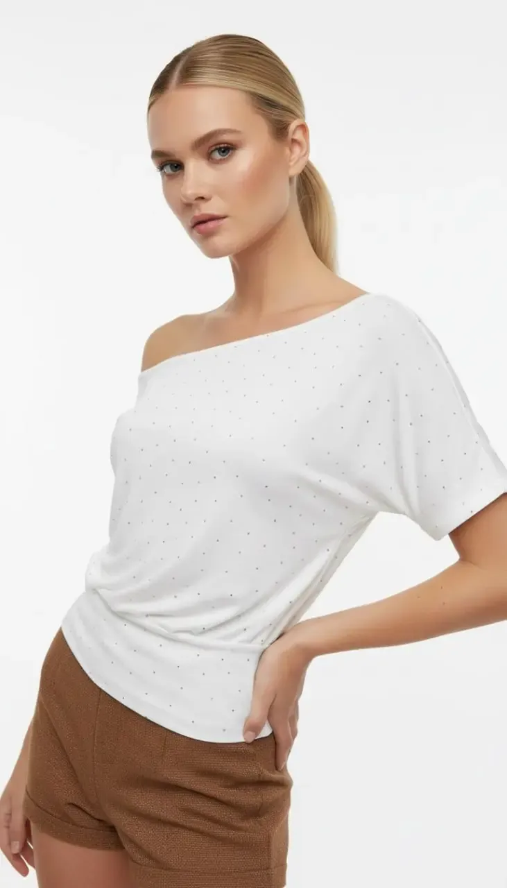 26034 Kadın Kayık Yaka Asimetrik Kol Taş Yapıştırma Modal Penye Bluz