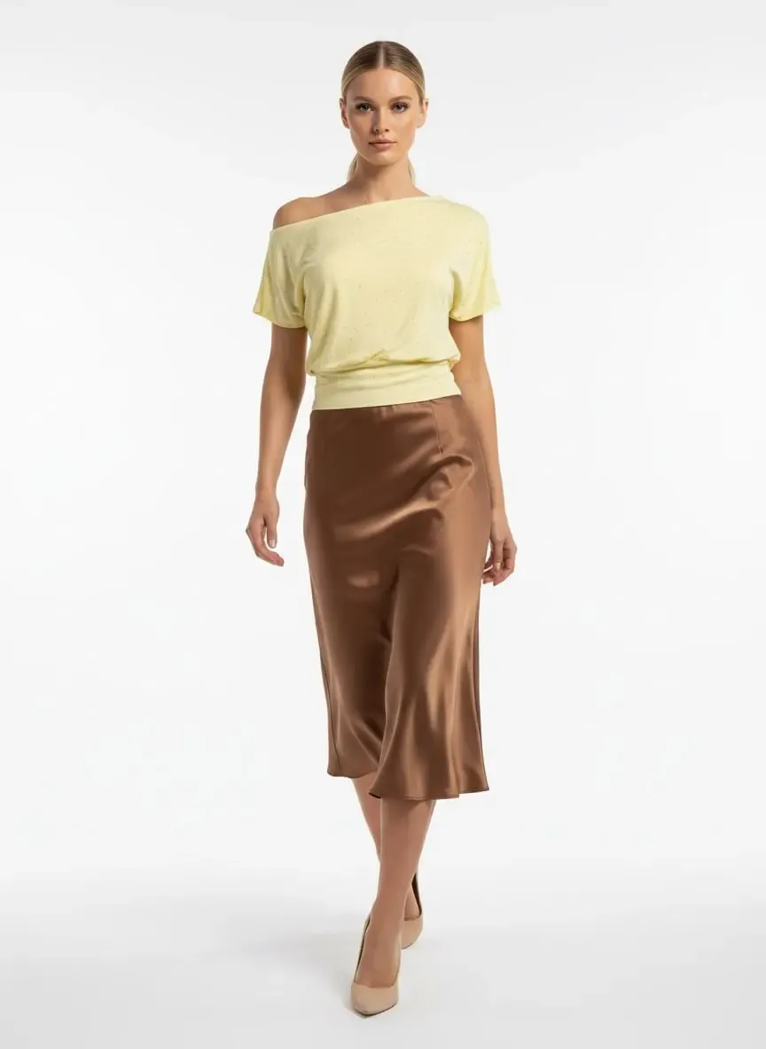 26034 Kadın Kayık Yaka Asimetrik Kol Taş Yapıştırma Modal Penye Bluz