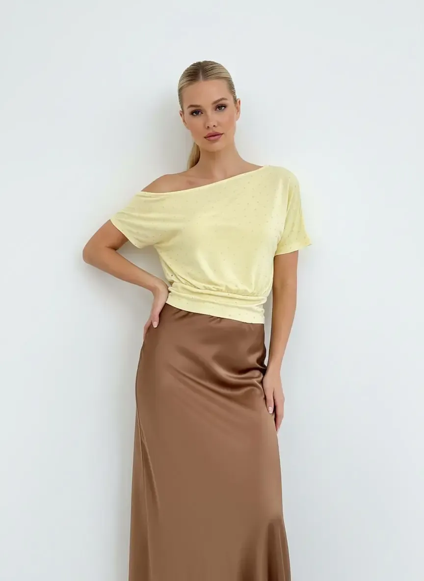 26034 Kadın Kayık Yaka Asimetrik Kol Taş Yapıştırma Modal Penye Bluz