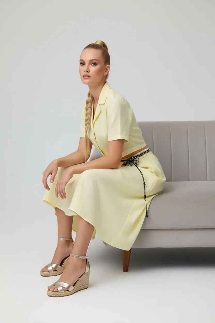 26035 %100 Pamuk Gömlek Yaka Crop Ceket Bağcık Detay Salaş Etek Dokuma Alt Üst Takım