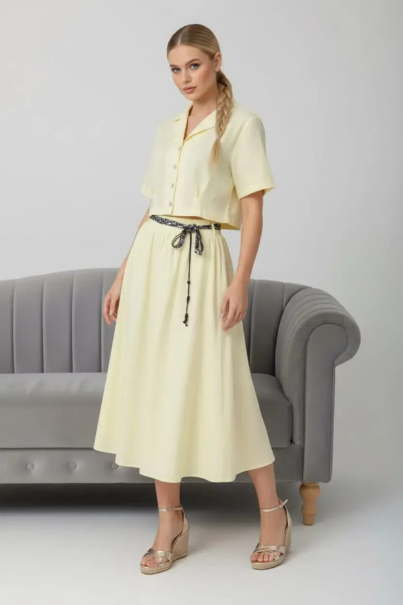 26035 %100 Pamuk Gömlek Yaka Crop Ceket Bağcık Detay Salaş Etek Dokuma Alt Üst Takım