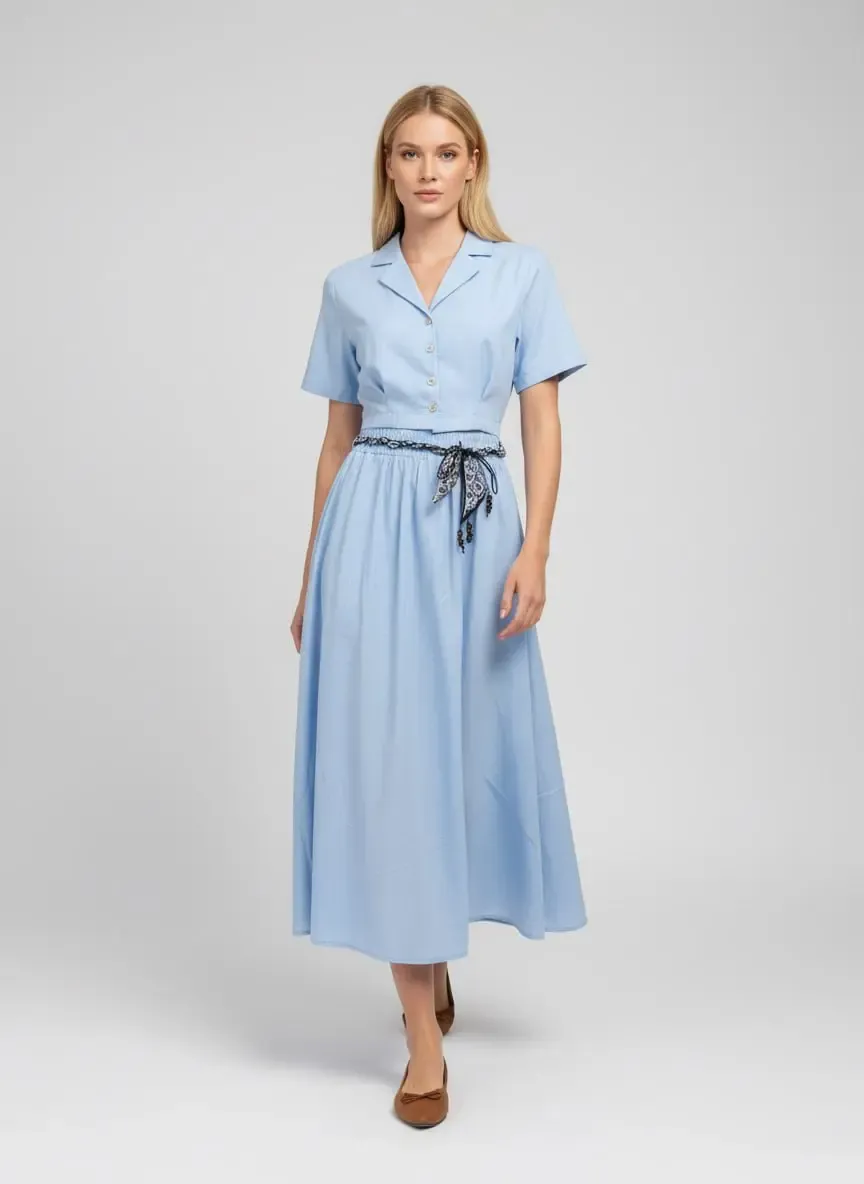 26035 %100 Pamuk Gömlek Yaka Crop Ceket Bağcık Detay Salaş Etek Dokuma Alt Üst Takım