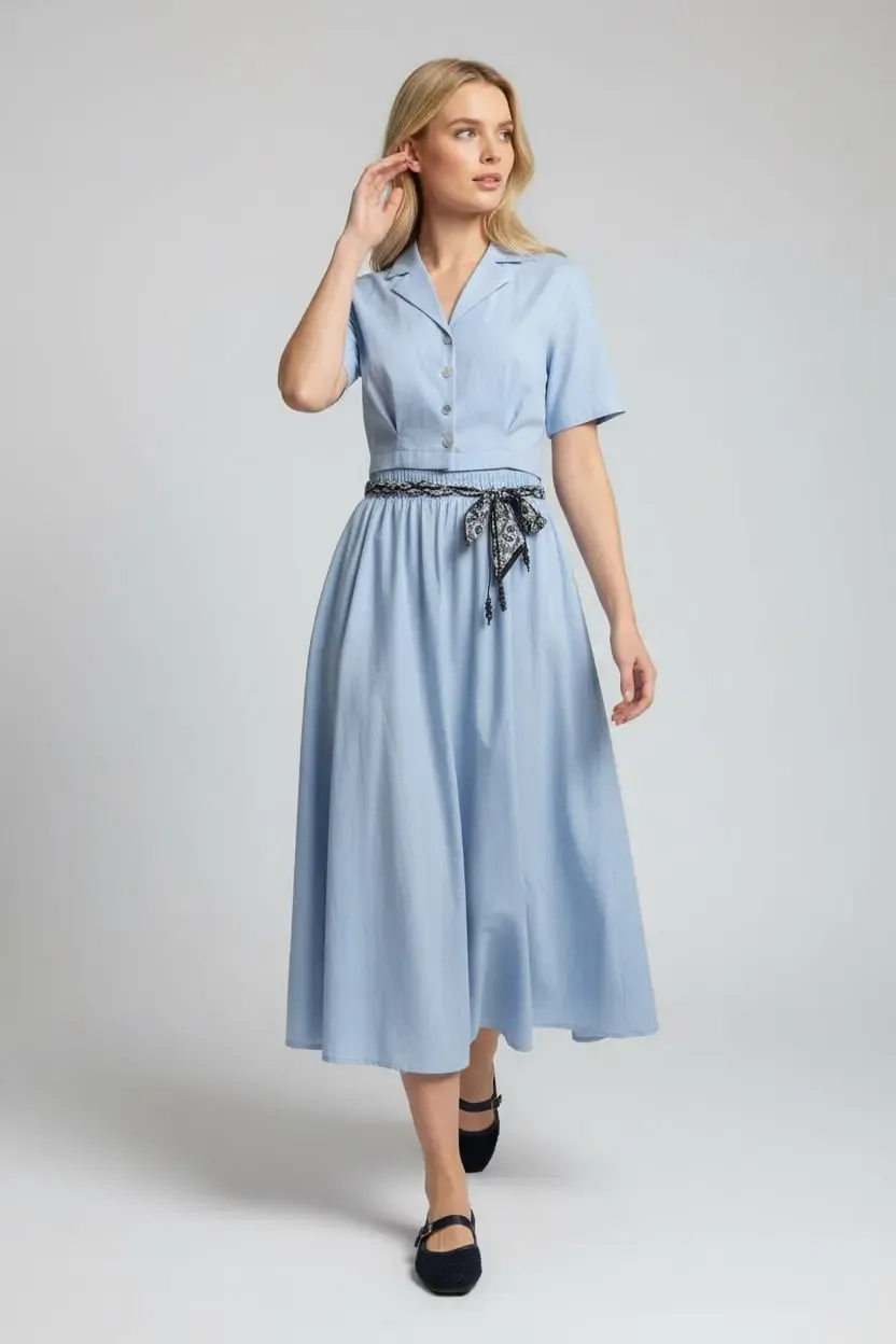 26035 %100 Pamuk Gömlek Yaka Crop Ceket Bağcık Detay Salaş Etek Dokuma Alt Üst Takım