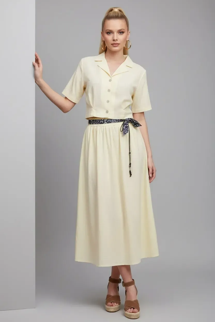 26035 %100 Pamuk Gömlek Yaka Crop Ceket Bağcık Detay Salaş Etek Dokuma Alt Üst Takım