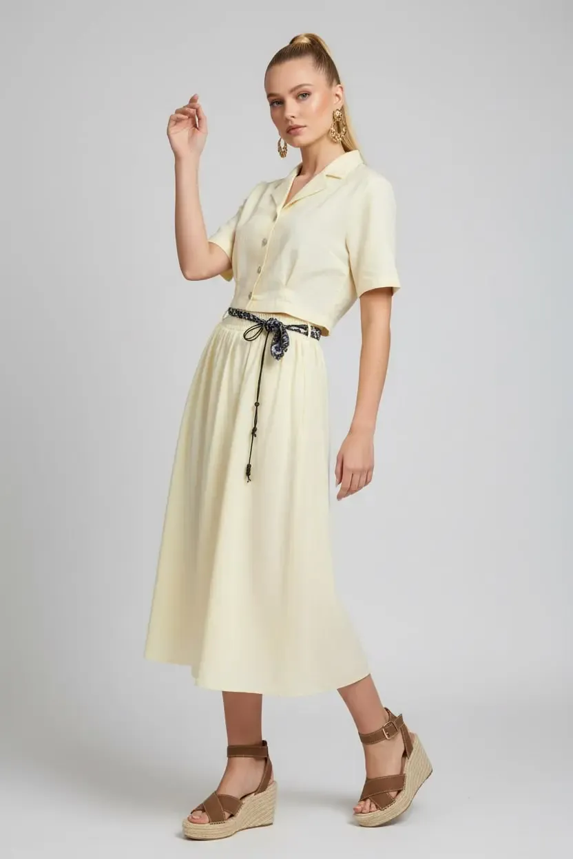 26035 %100 Pamuk Gömlek Yaka Crop Ceket Bağcık Detay Salaş Etek Dokuma Alt Üst Takım