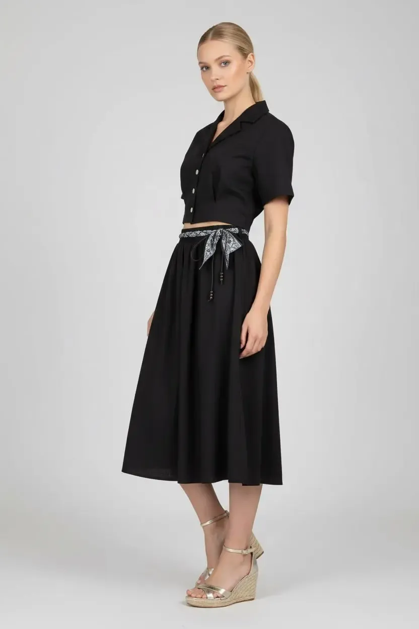 26035 %100 Pamuk Gömlek Yaka Crop Ceket Bağcık Detay Salaş Etek Dokuma Alt Üst Takım