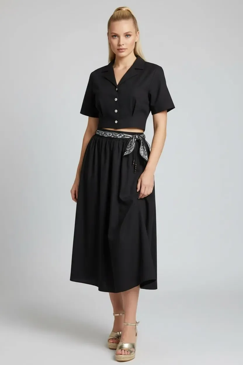 26035 %100 Pamuk Gömlek Yaka Crop Ceket Bağcık Detay Salaş Etek Dokuma Alt Üst Takım