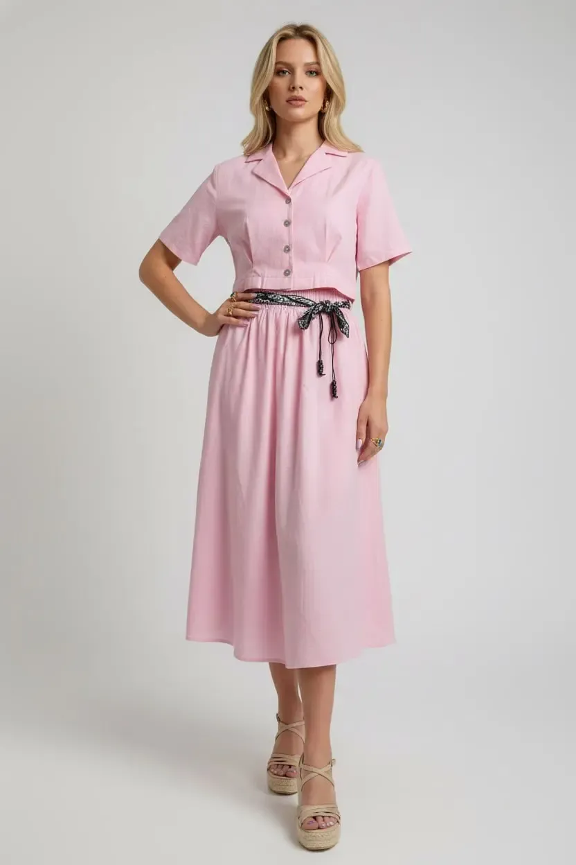 26035 %100 Pamuk Gömlek Yaka Crop Ceket Bağcık Detay Salaş Etek Dokuma Alt Üst Takım