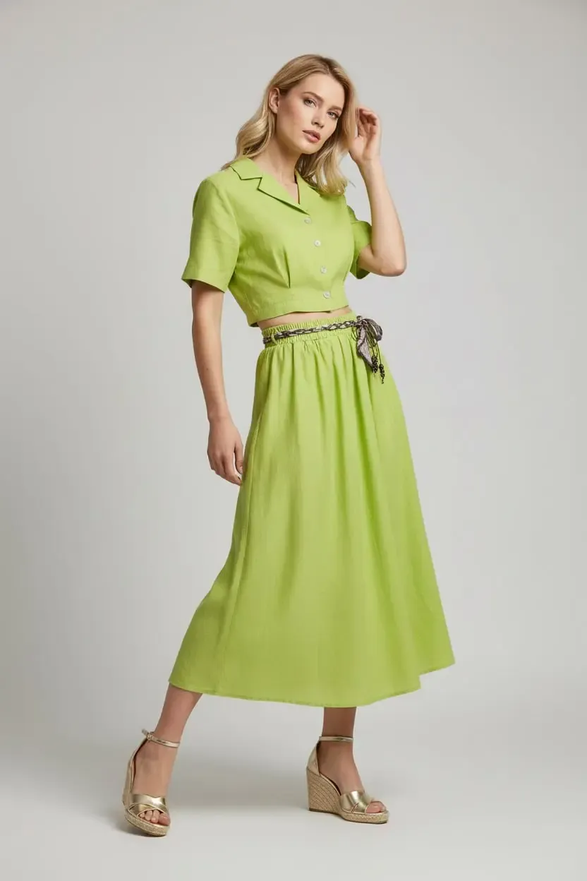 26035 %100 Pamuk Gömlek Yaka Crop Ceket Bağcık Detay Salaş Etek Dokuma Alt Üst Takım