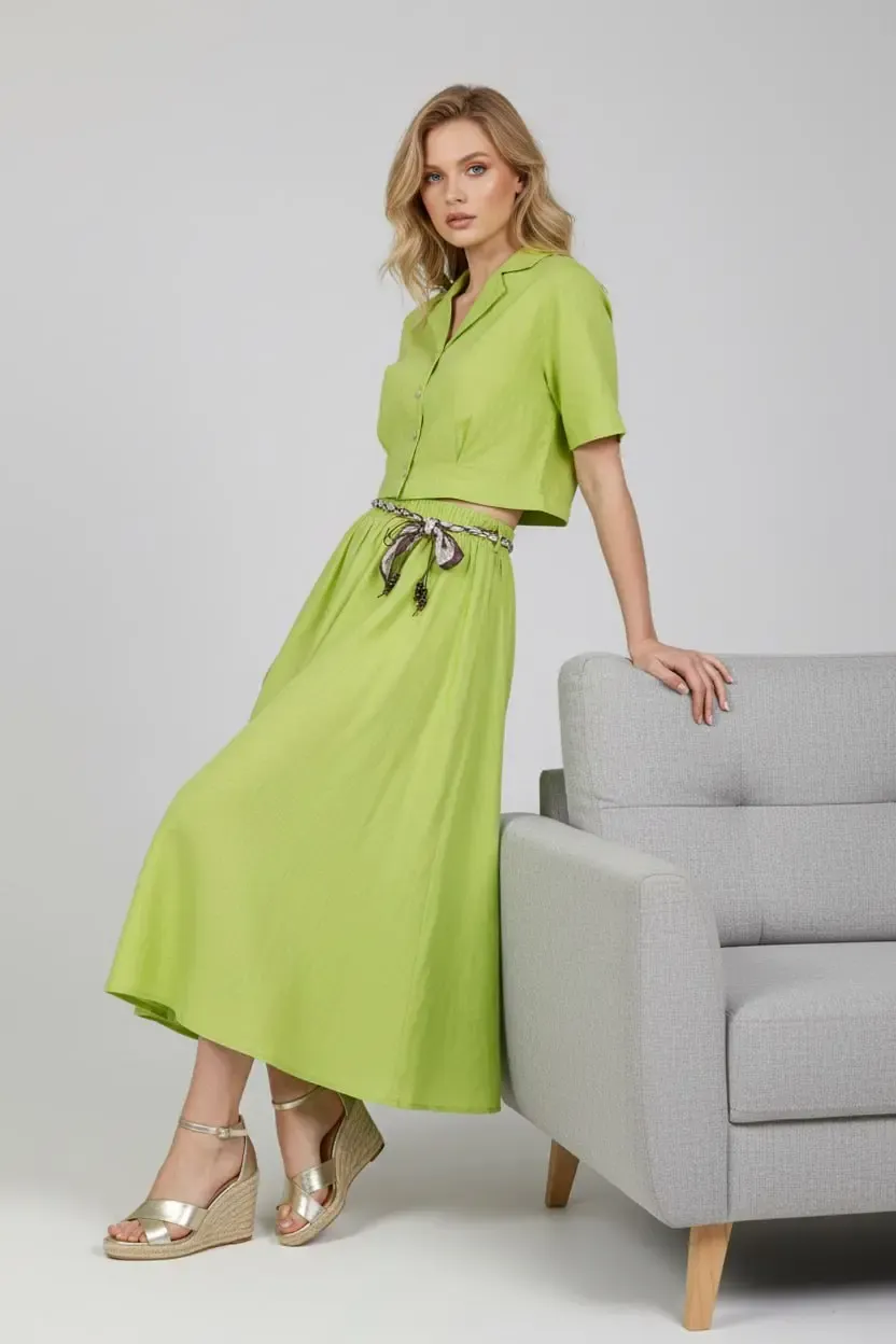 26035 %100 Pamuk Gömlek Yaka Crop Ceket Bağcık Detay Salaş Etek Dokuma Alt Üst Takım