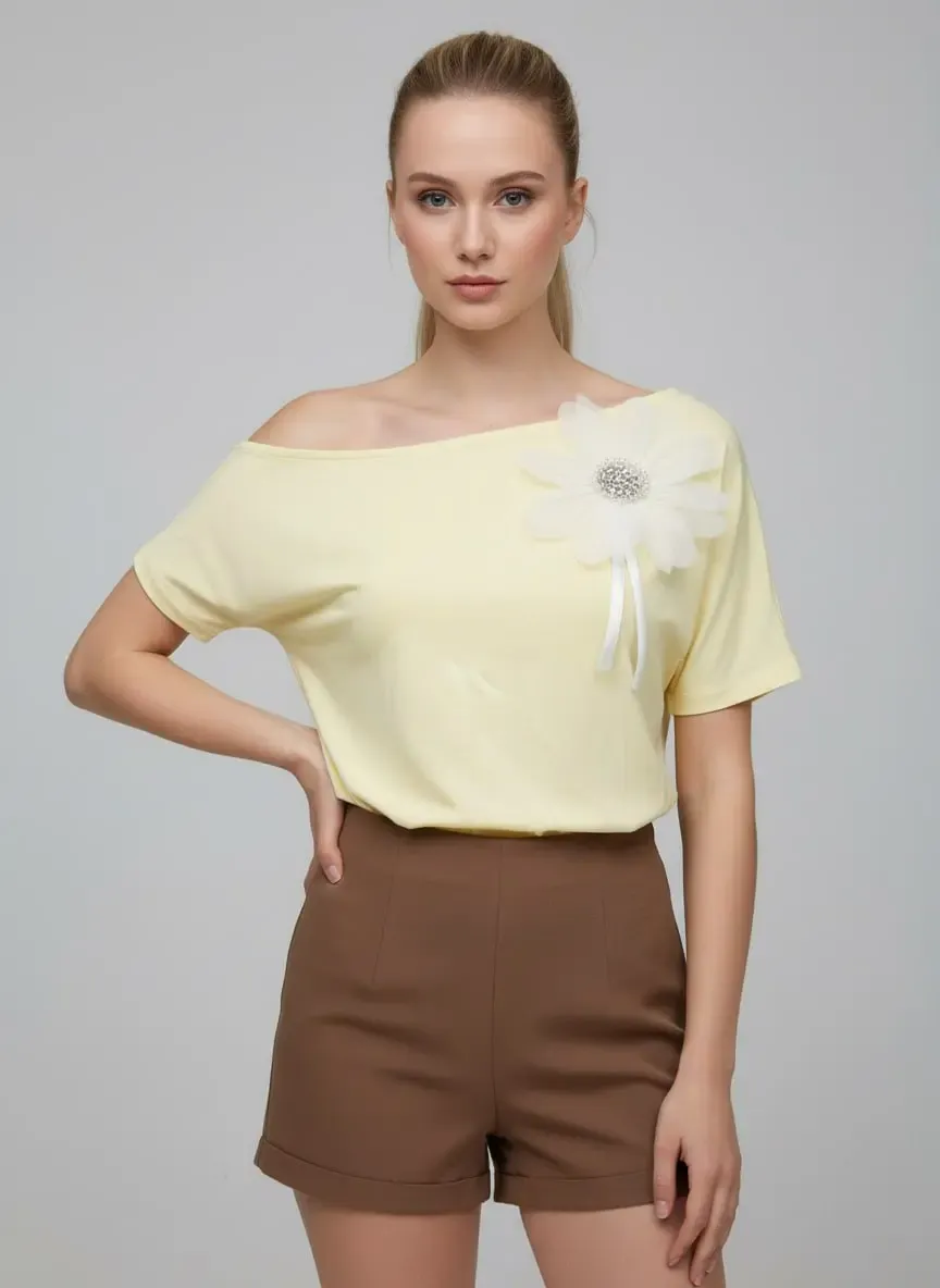 26036 Kadın Kayık Yaka Taş İşleme Aplikeli Penye Bluz