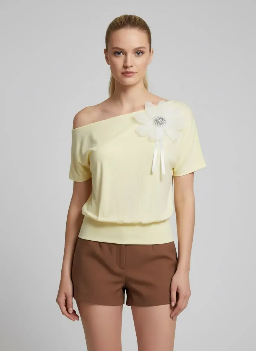 26036 Kadın Kayık Yaka Taş İşleme Aplikeli Penye Bluz