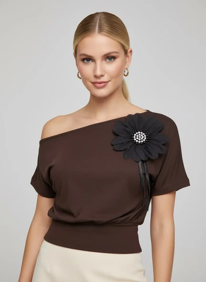 26036 Kadın Kayık Yaka Taş İşleme Aplikeli Penye Bluz