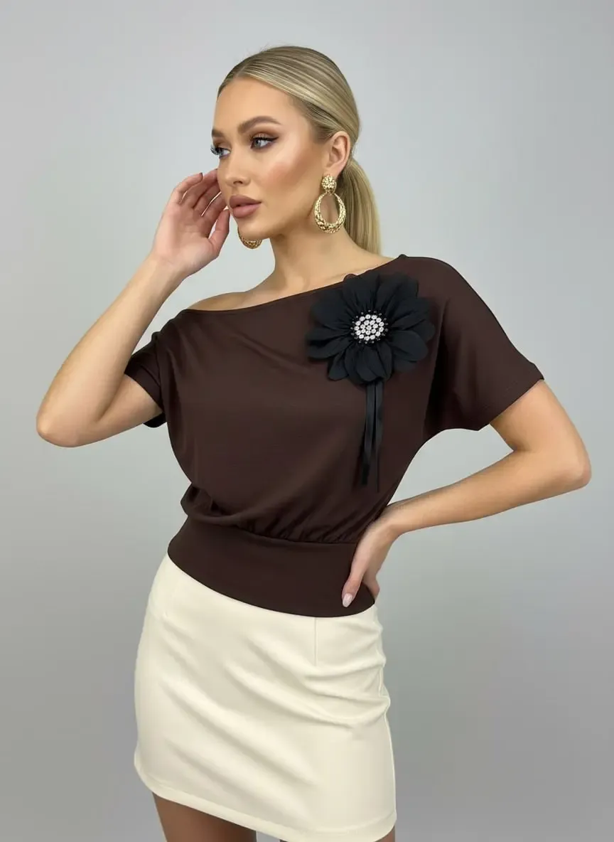 26036 Kadın Kayık Yaka Taş İşleme Aplikeli Penye Bluz