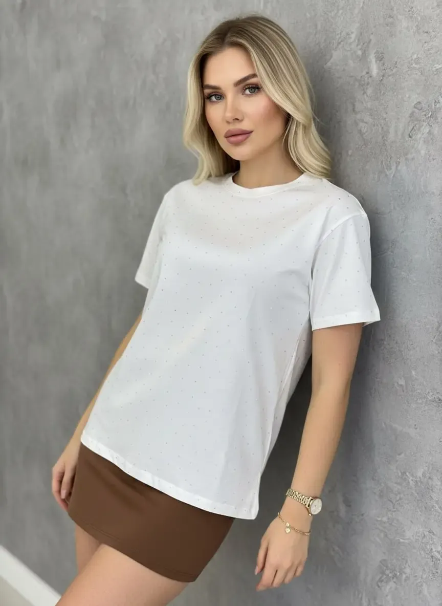 26047 %100 Pamuk Kadın Bisiklet Yaka Taş İşleme Oversize Penye Bluz