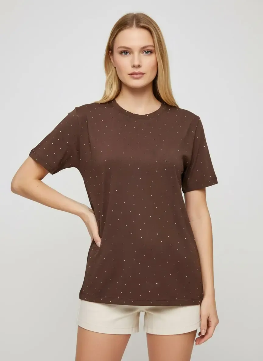 26047 %100 Pamuk Kadın Bisiklet Yaka Taş İşleme Oversize Penye Bluz