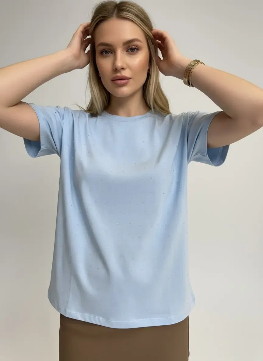 26047 %100 Pamuk Kadın Bisiklet Yaka Taş İşleme Oversize Penye Bluz