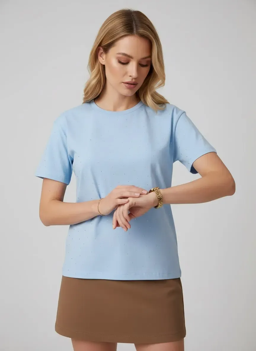 26047 %100 Pamuk Kadın Bisiklet Yaka Taş İşleme Oversize Penye Bluz