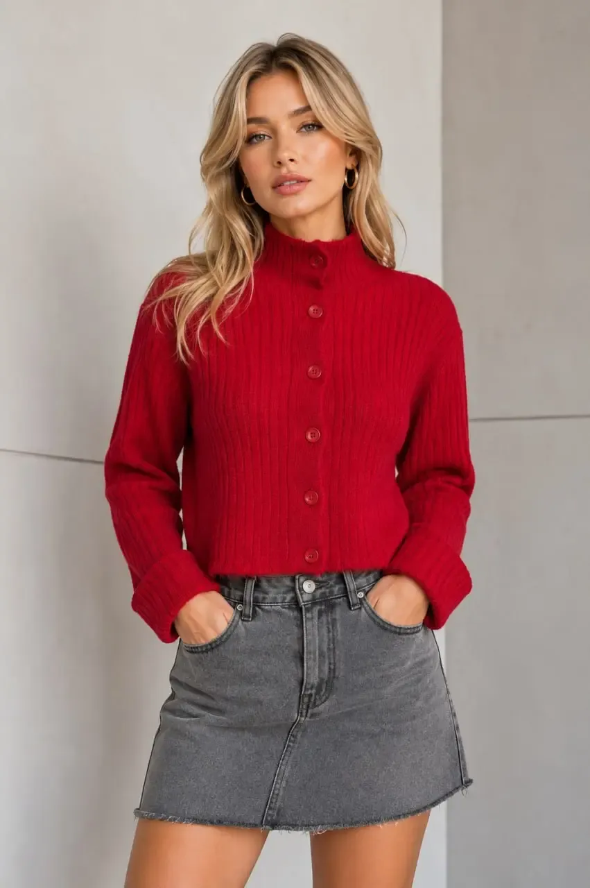Basic Crop Yumuşak Dokulu Dik Yaka Triko Hırka AW25HI0004