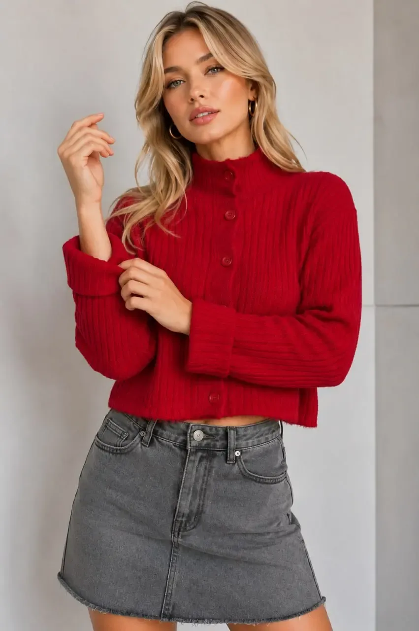 Basic Crop Yumuşak Dokulu Dik Yaka Triko Hırka AW25HI0004