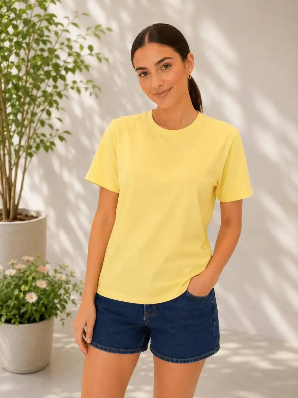 Kadın %100 Pamuk Bisiklet Yaka Basic T-Shirt 26082
