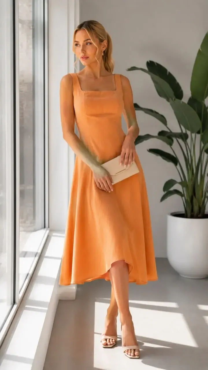 Kadın Dar Kesim %100 Pamuk Kare Yaka Askılı Midi Boy Astarlı Dokuma Elbise 26081