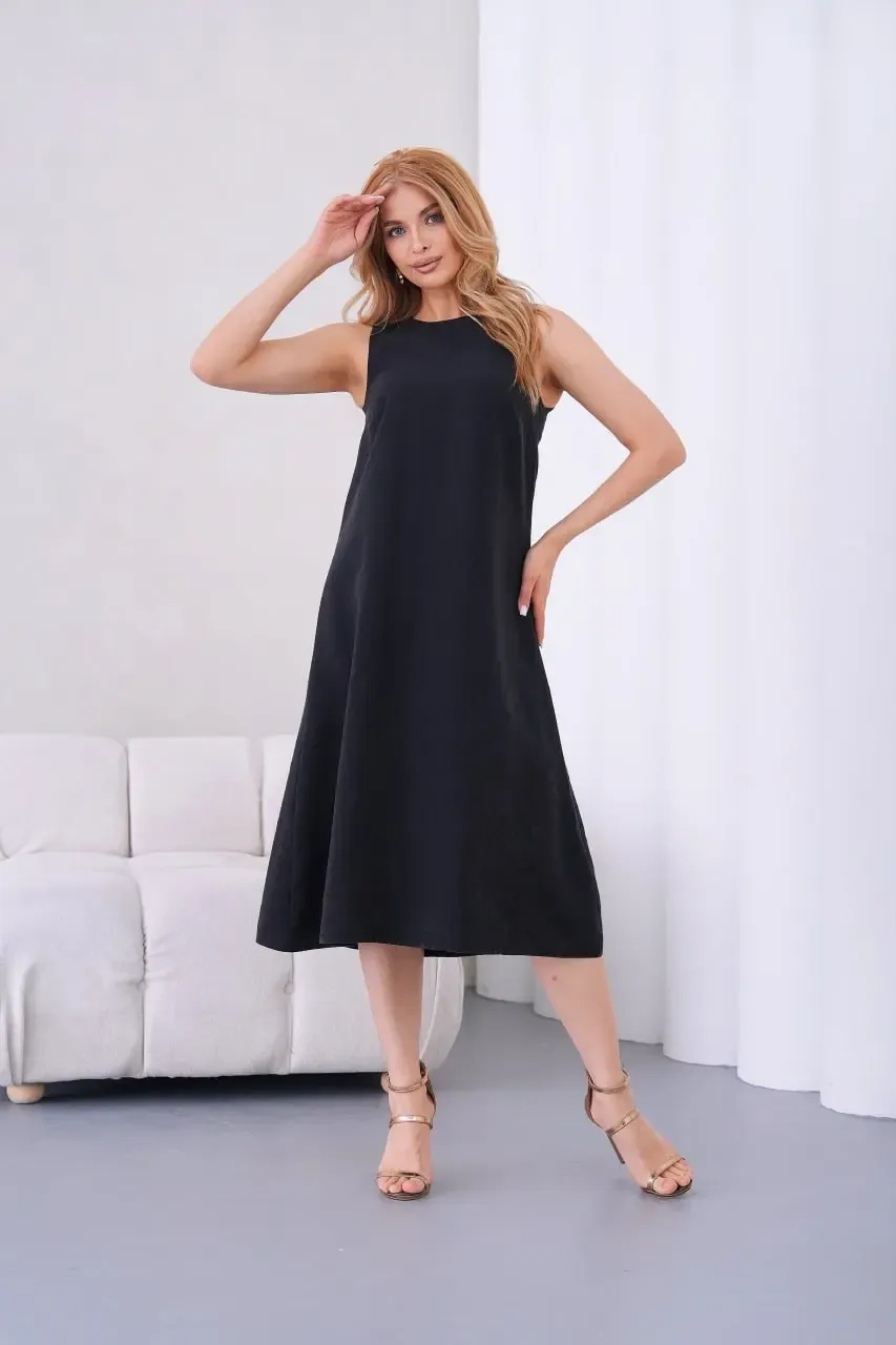 Kadın Bisiklet Yaka Arkası Fermuarlı Tencel Kumaş Elbise 26057