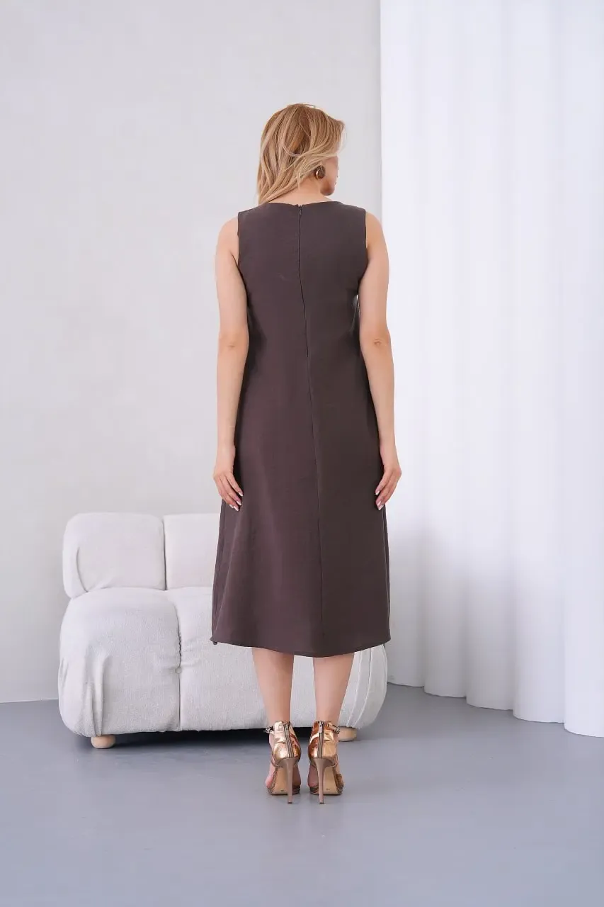Kadın Bisiklet Yaka Arkası Fermuarlı Tencel Kumaş Elbise 26057