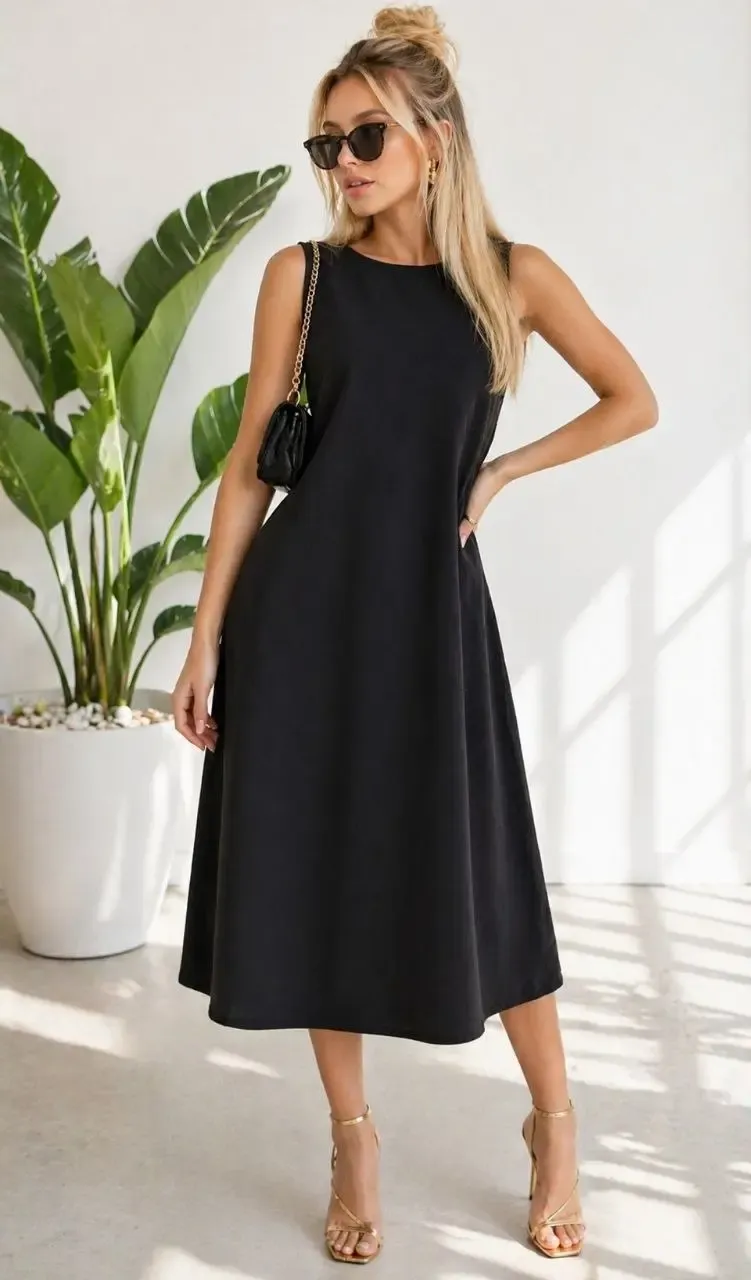 Kadın Bisiklet Yaka Arkası Fermuarlı Tencel Kumaş Elbise 26057