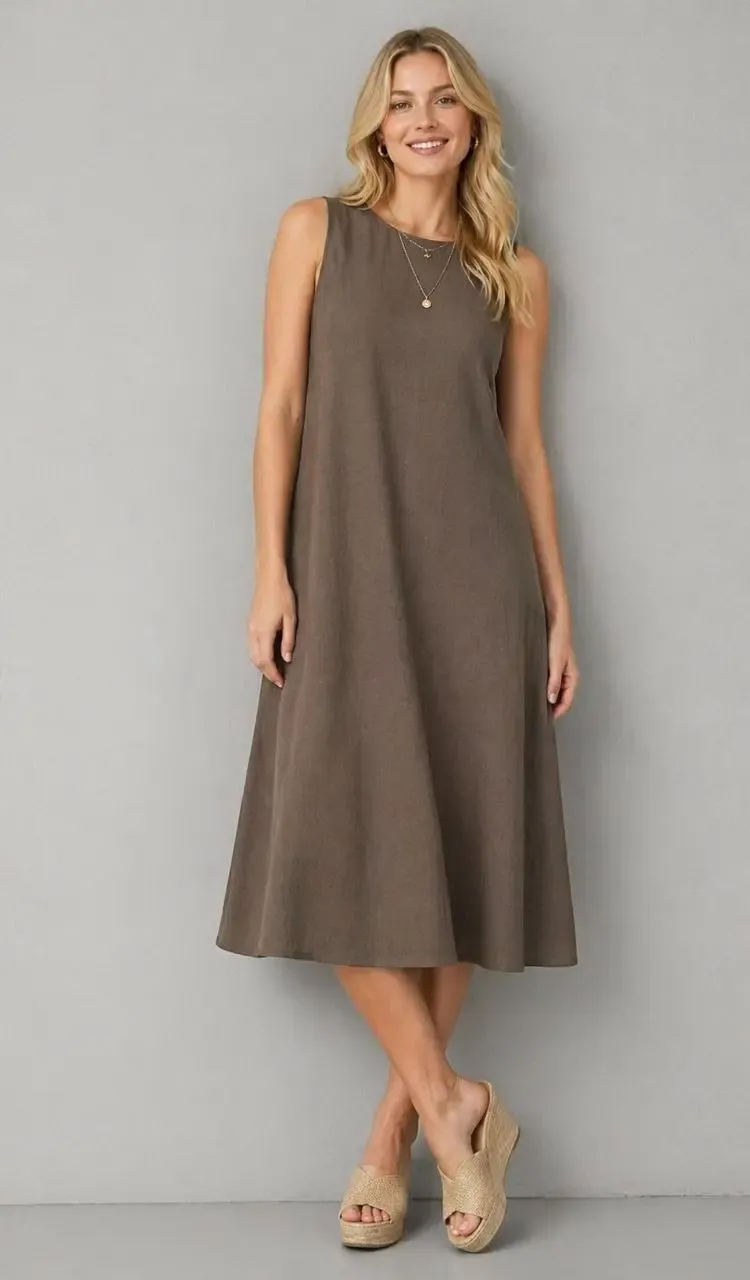 Kadın Bisiklet Yaka Arkası Fermuarlı Tencel Kumaş Elbise 26057