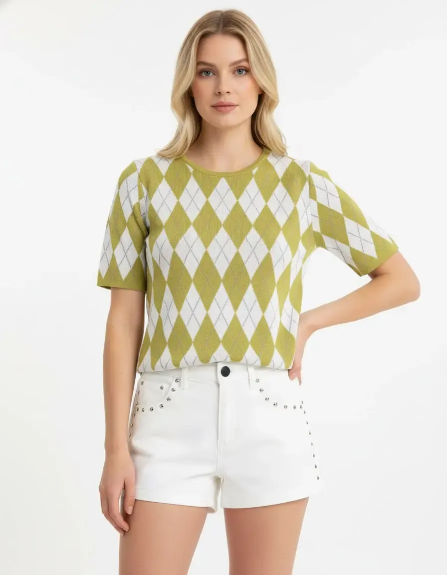 Kadın Bisiklet Yaka Baklava Desen Triko Kazak 12419.Vrt