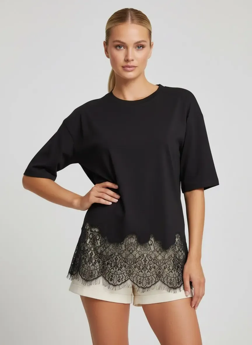 Kadın Bisiklet Yaka Eteği Dantel Detay Penye Tunik 13005