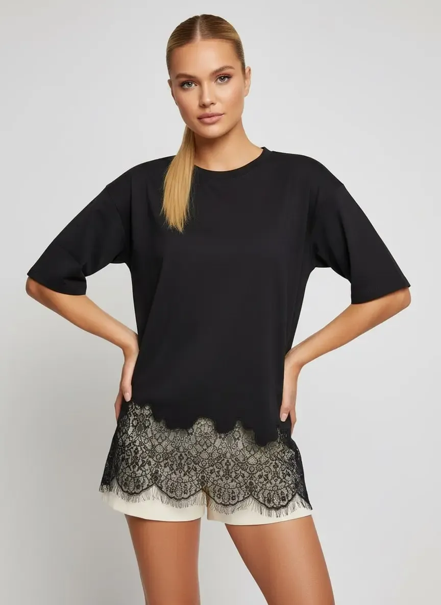 Kadın Bisiklet Yaka Eteği Dantel Detay Penye Tunik 13005
