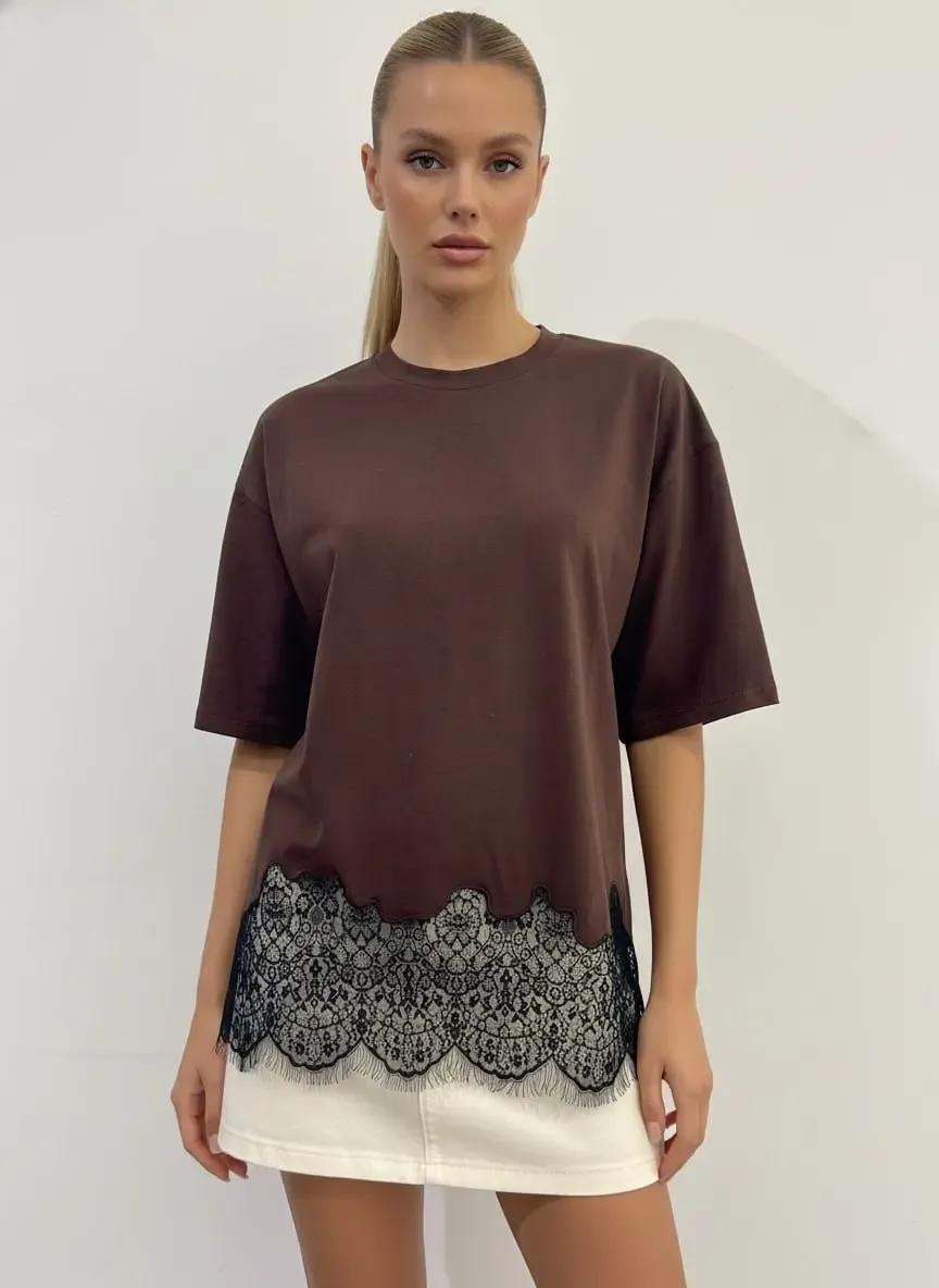 Kadın Bisiklet Yaka Eteği Dantel Detay Penye Tunik 13005