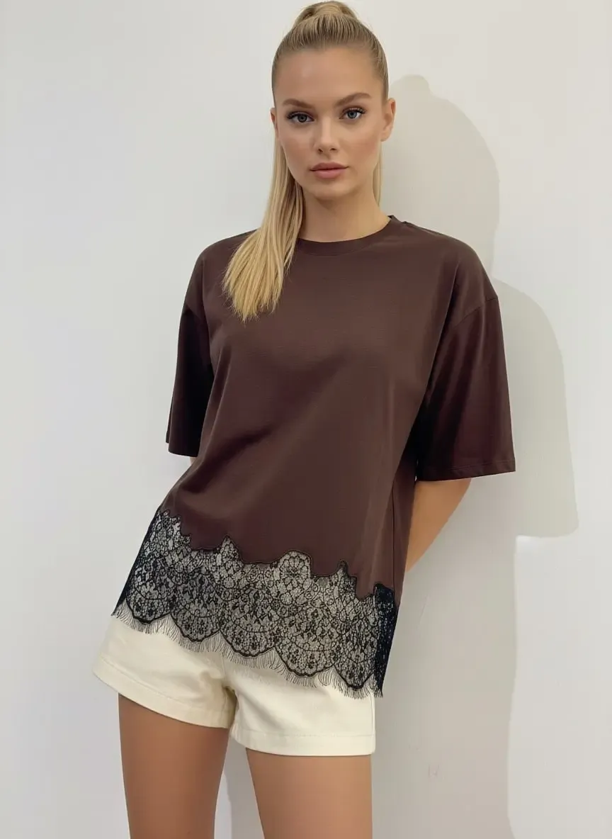 Kadın Bisiklet Yaka Eteği Dantel Detay Penye Tunik 13005