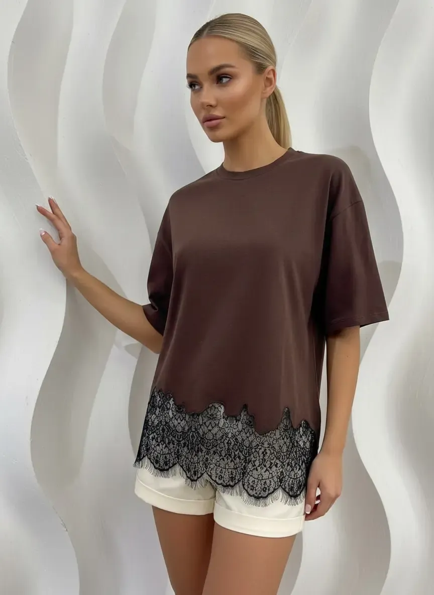 Kadın Bisiklet Yaka Eteği Dantel Detay Penye Tunik 13005