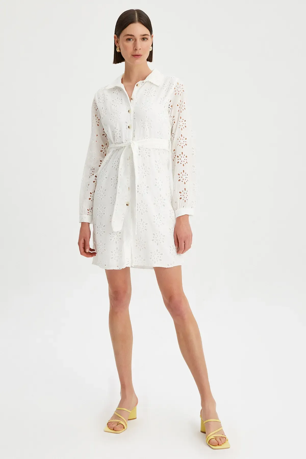 Kadın Brode Düğme Detaylı Astarlı Gömlek Elbise