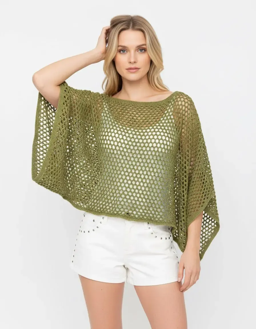 Kadın Delikli Oversize Kayık Yaka Triko Bluz 8722